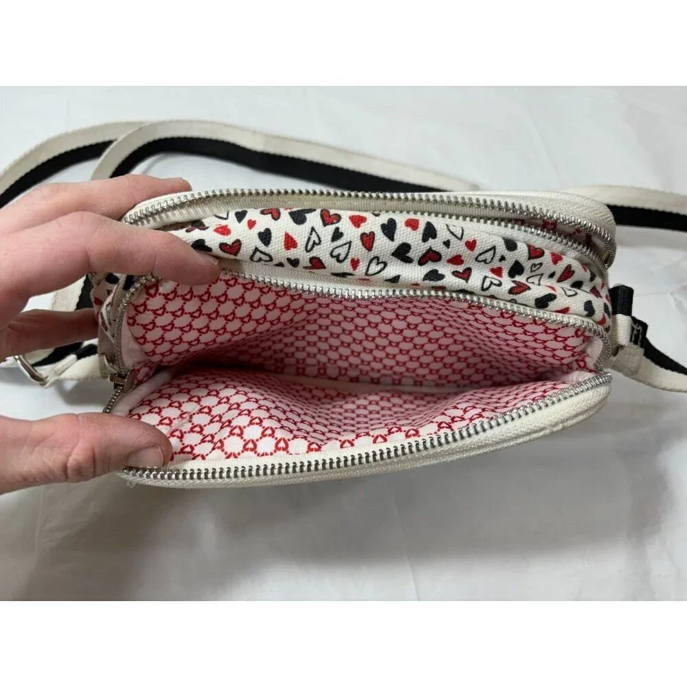 Brighton Love Scroll Cross Body Bag Canvas White Black Red Hearts